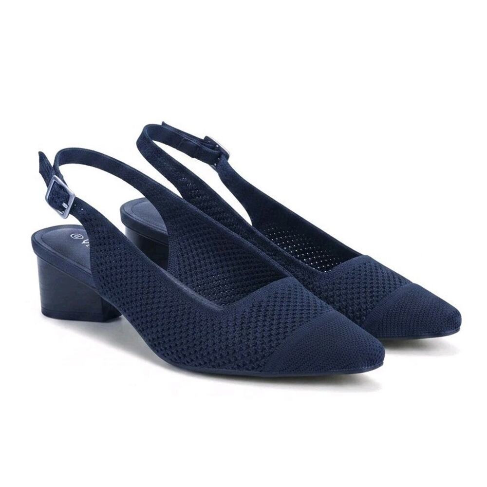 Vivaia Pointed Toe Adjustable Slingback Block Heels Navy Blue, Size 39 US 8 GUC